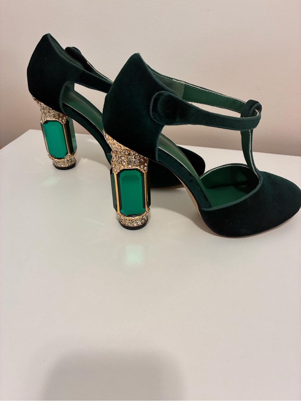 Emerald Green Velvet T-Strap Heels with Jeweled Block Heel